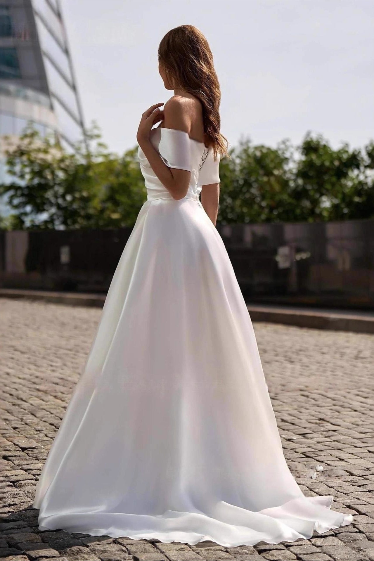 Simple Satin Cross Off Shoulder Train Wedding Dress image 2