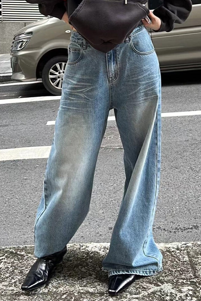 Vintage Washed Whisker Wide Leg Denim Jeans image 1