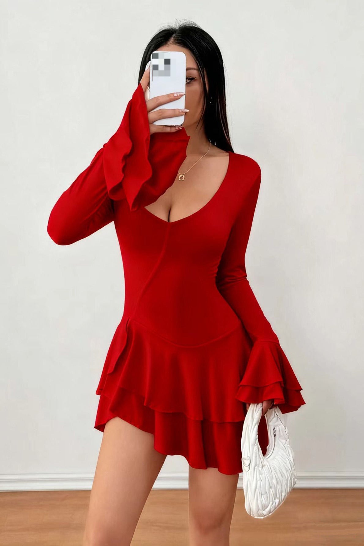 High Waist Slim Fit Solid Color Long Sleeve Mini Dress image 5