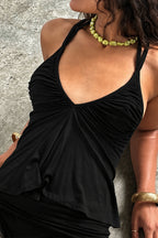 Solid Ruched Deep V Backless Halter Top image 4