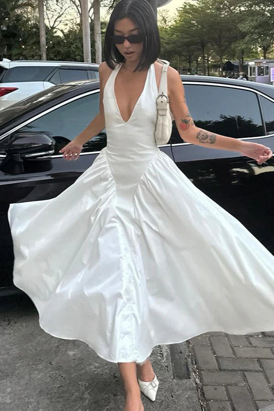 Silky Hollow V-Neck Flowy Pendulum Maxi Dress image 1