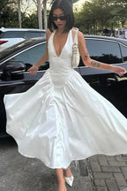 Silky Hollow V-Neck Flowy Pendulum Maxi Dress image 1
