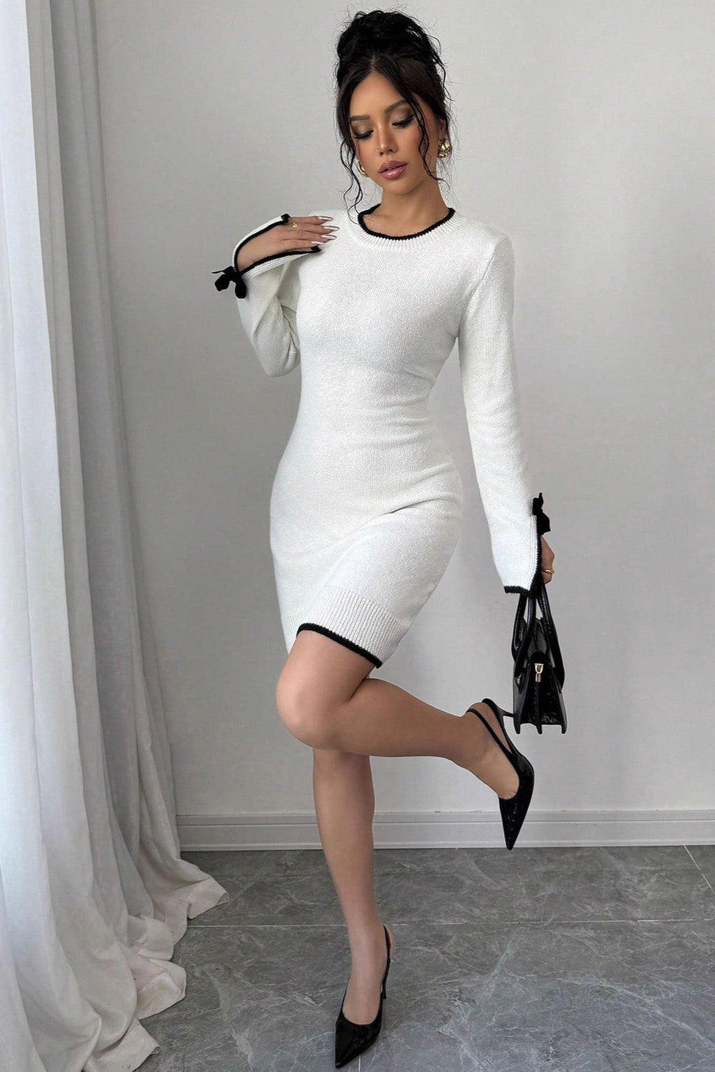 Color-Block Long Sleeve Knit Slim Sweater Dress image 3