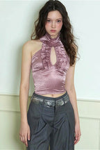 Elegant Ruffled Cutout Stand Collar Cropped Tank Top image 5