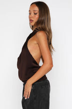 Elegant Hollow Solid Satin Halter Top image 8