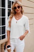 Petra Eyelet Top detail view styled for Avrienne