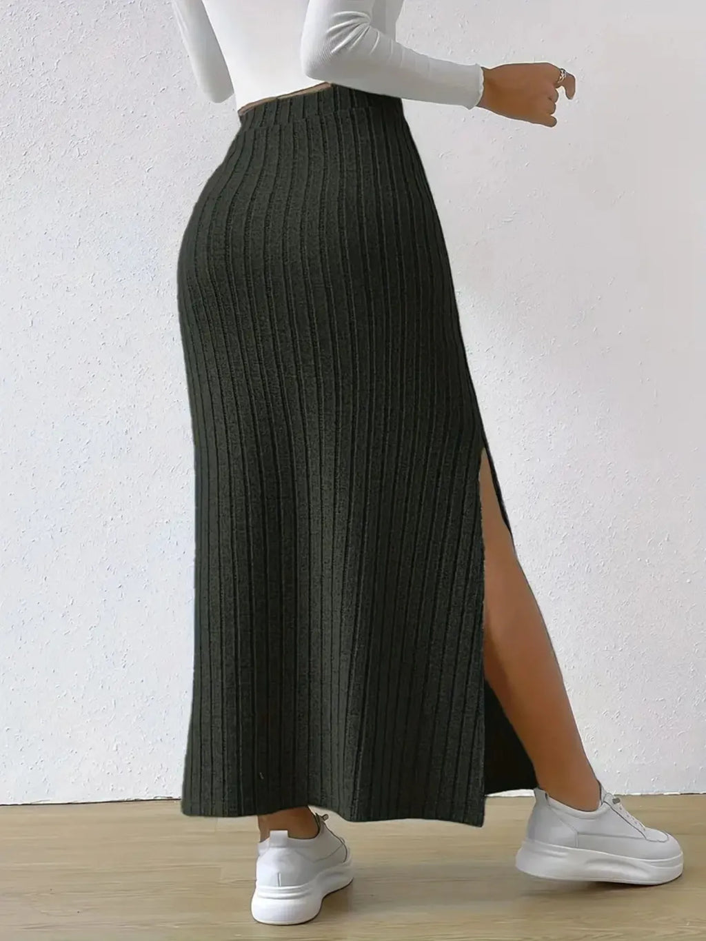 Noemi Ribbed Knit Skirt detail view styled for Avrienne