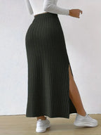 Noemi Ribbed Knit Skirt detail view styled for Avrienne