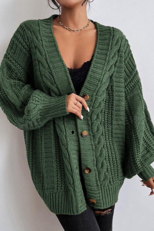V-Neck Vintage Cable Knit Balloon Sleeve Cardigan image 8