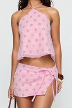 Pink Mesh Floral Beaded Tie Skirt Set image 4