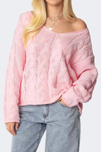 Solid Color V-Neck Cable-Knit Loose Sweater image 1