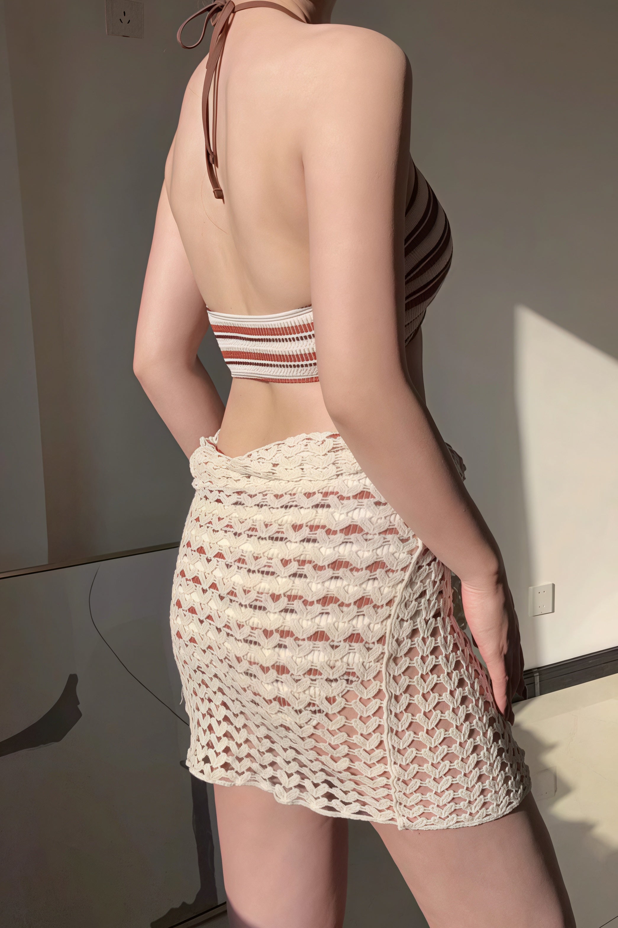 Casual Striped Hollow Knit Three Piece Swim Set image 3