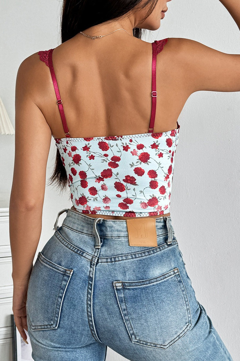 Rose Print Lace Bustier Tie Slim Cami Top image 8