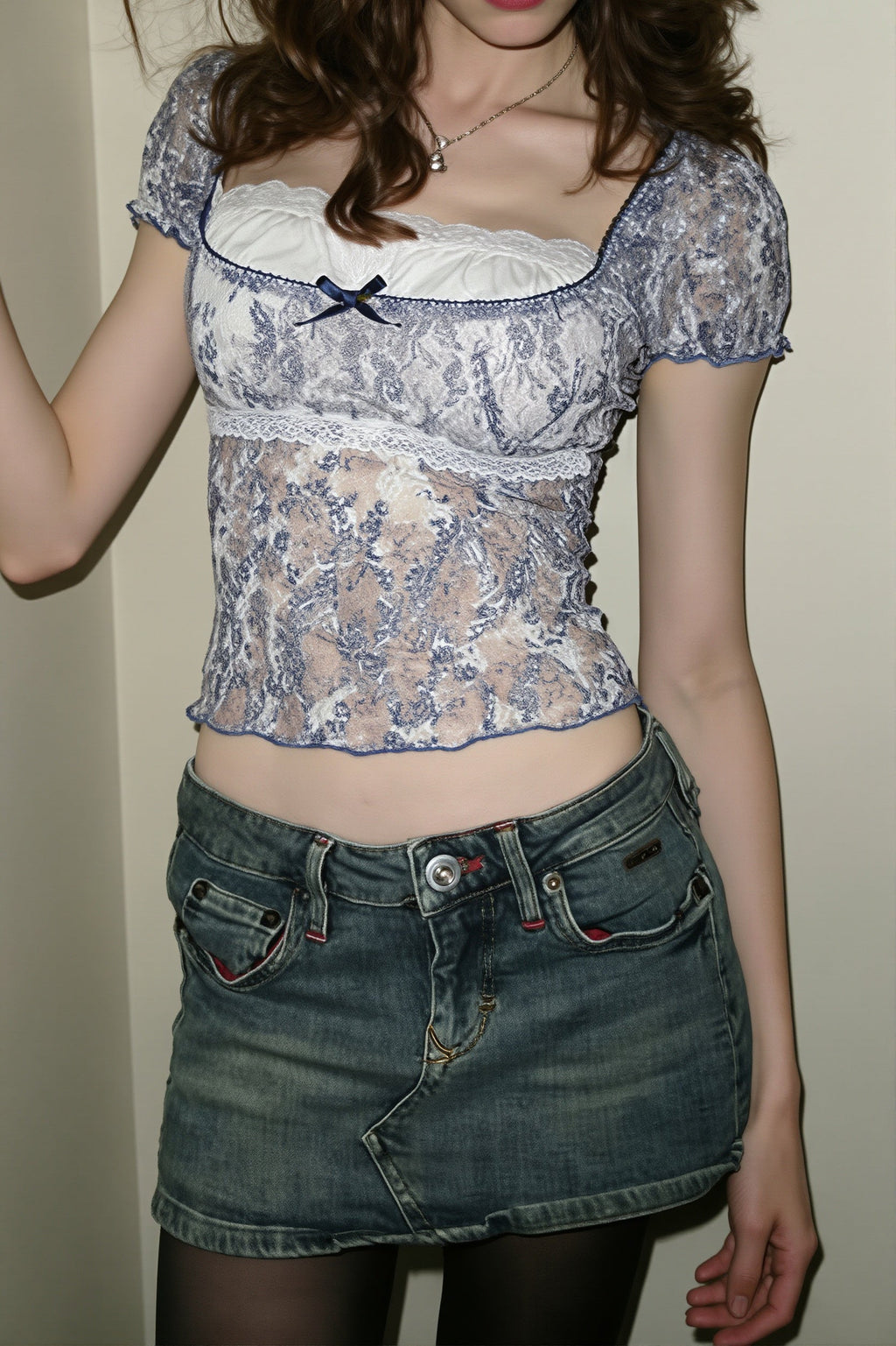 Lace Floral Mesh Fake Two Piece Blouse image 3