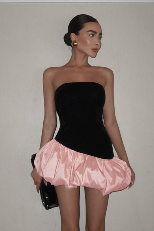 Elegant Velvet Paneled Strapless Puff Mini Dress image 1
