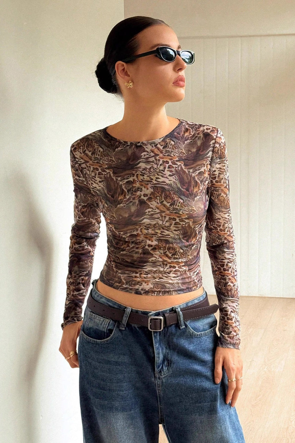 Mesh Sheer Leopard Print Slim Fit Long Sleeve Tee image 2