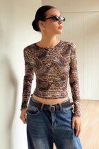 Mesh Sheer Leopard Print Slim Fit Long Sleeve Tee image 2