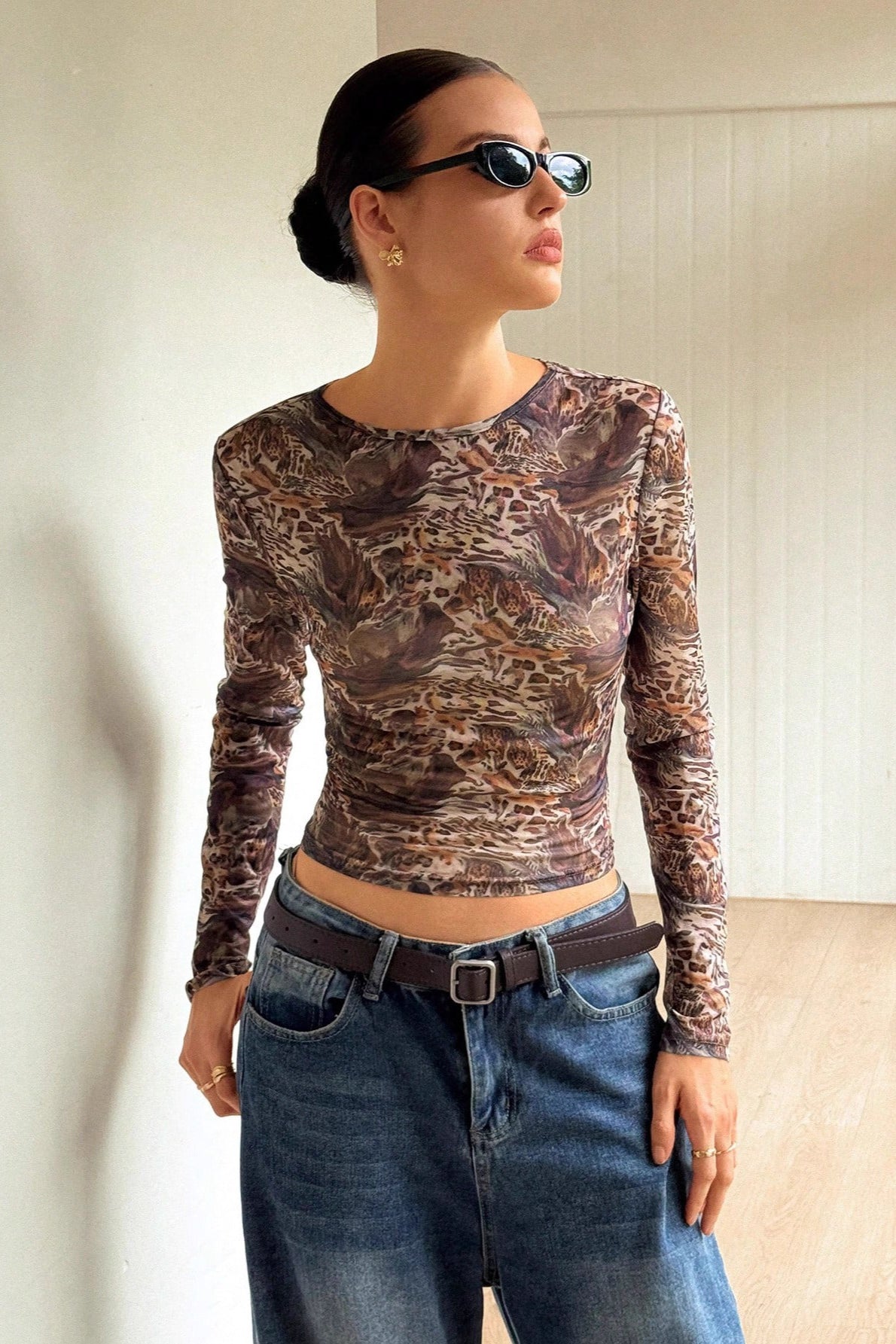 Mesh Sheer Leopard Print Slim Fit Long Sleeve Tee image 2