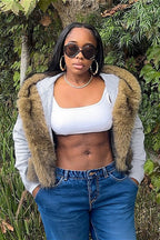 Short Loose Thick Pieced Fur Trim Hoodie image 4