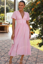 Solid V Neck Puff Sleeve Flared Midi Dress image 11