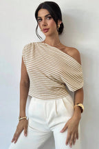 Chic Cold Shoulder Stripe Short Sleeve Knit Blouse image 2
