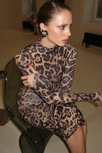 Leopard Print High Neck Long Sleeve Bodycon Maxi Dress image 1