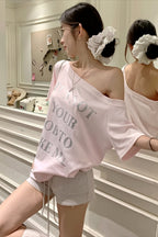 Letter Print Pink Off‑Shoulder T‑shirt image 2