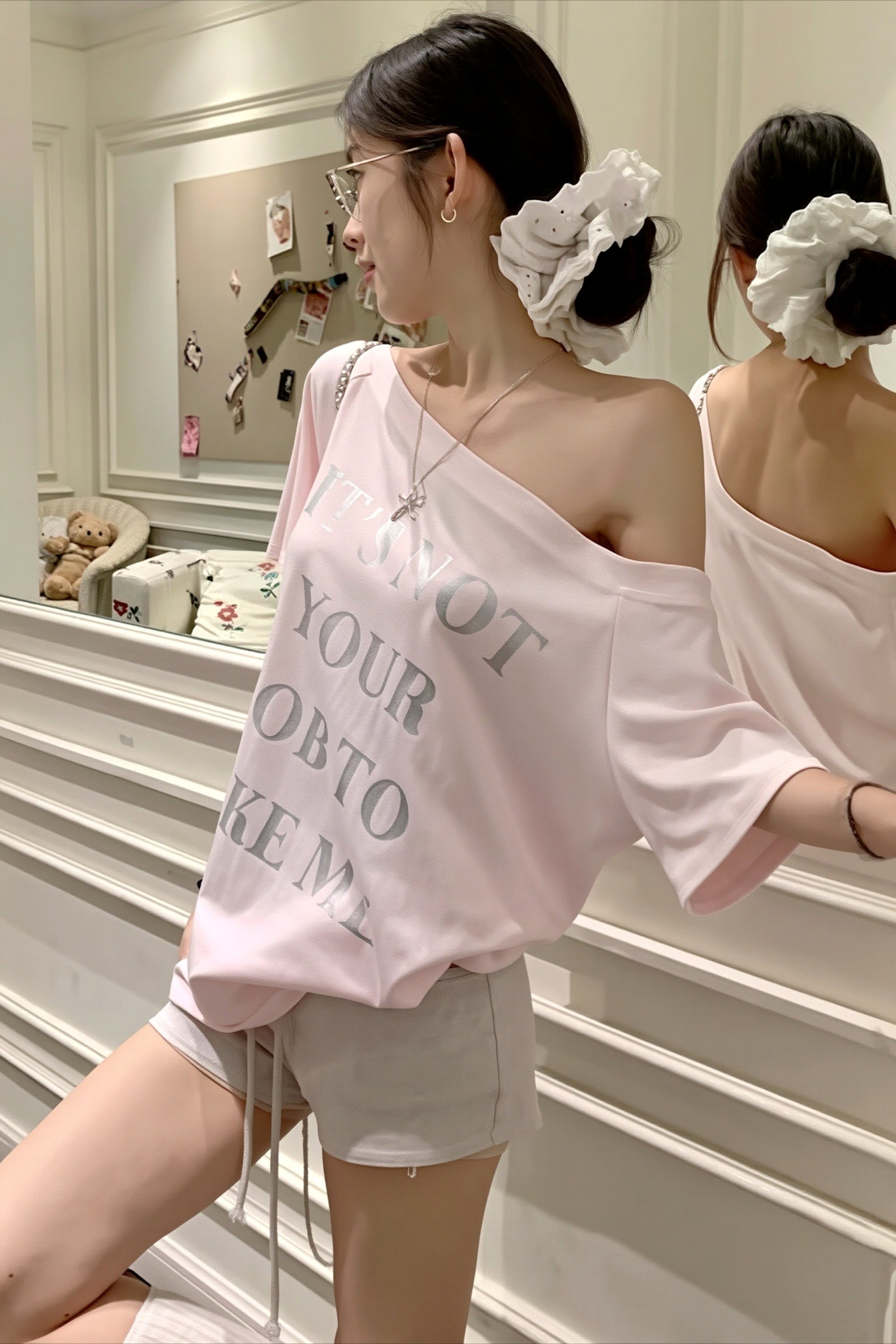 Letter Print Pink Off‑Shoulder T‑shirt image 2