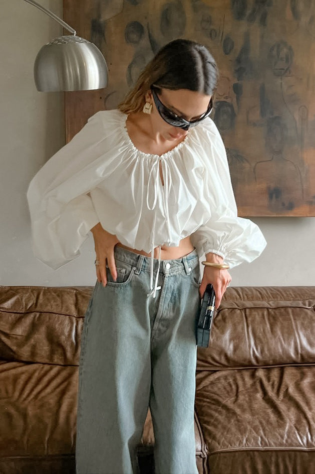 Sleek Drawstring Tie Waist Round Neck Blouse image 2