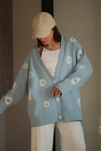 Fuzzy Daisy Jacquard Loose V-Neck Cardigan image 3