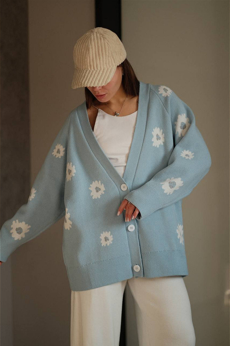 Fuzzy Daisy Jacquard Loose V-Neck Cardigan image 3
