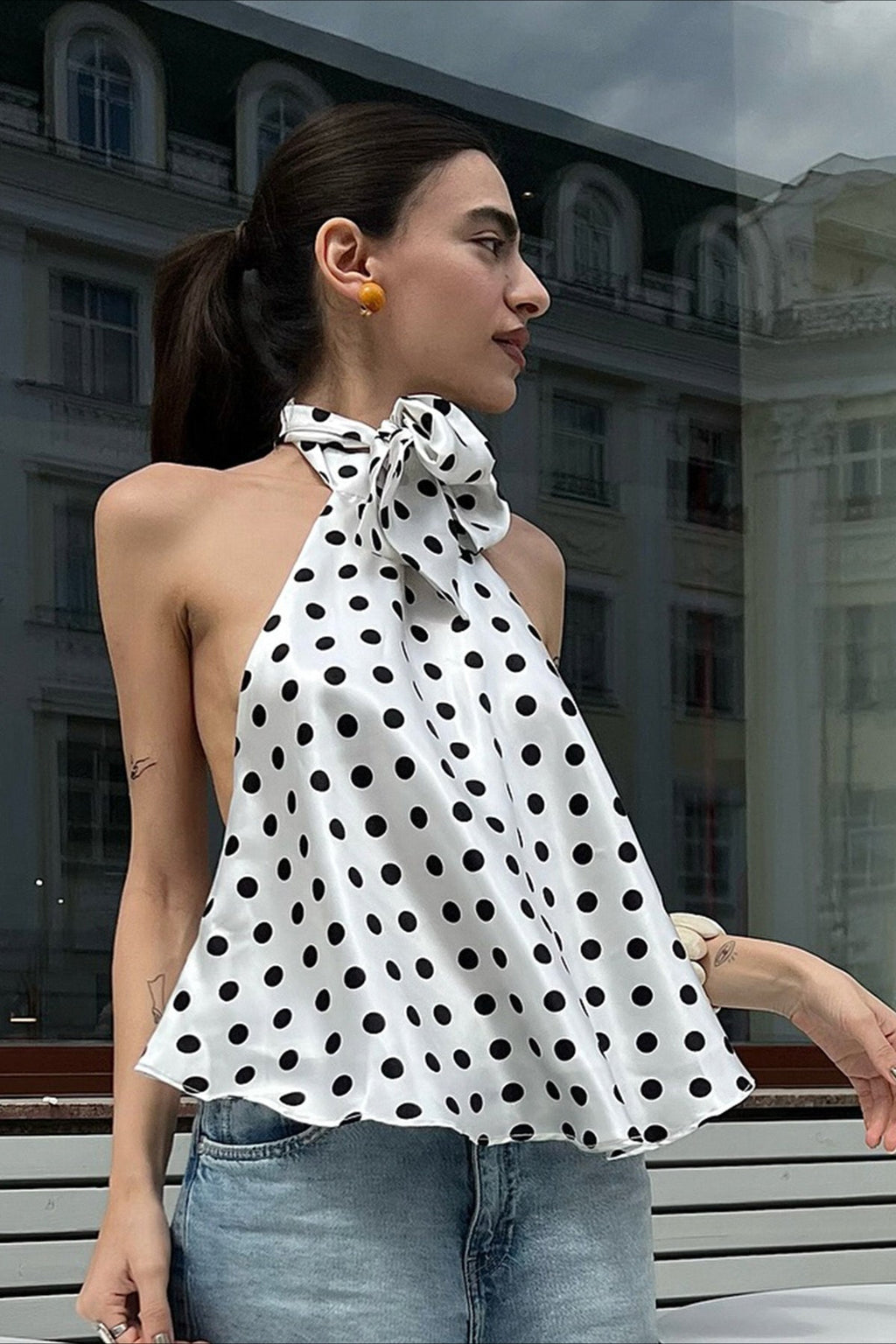 Polka Dot Satin Bow Tie Backless Cami Crop Top image 2