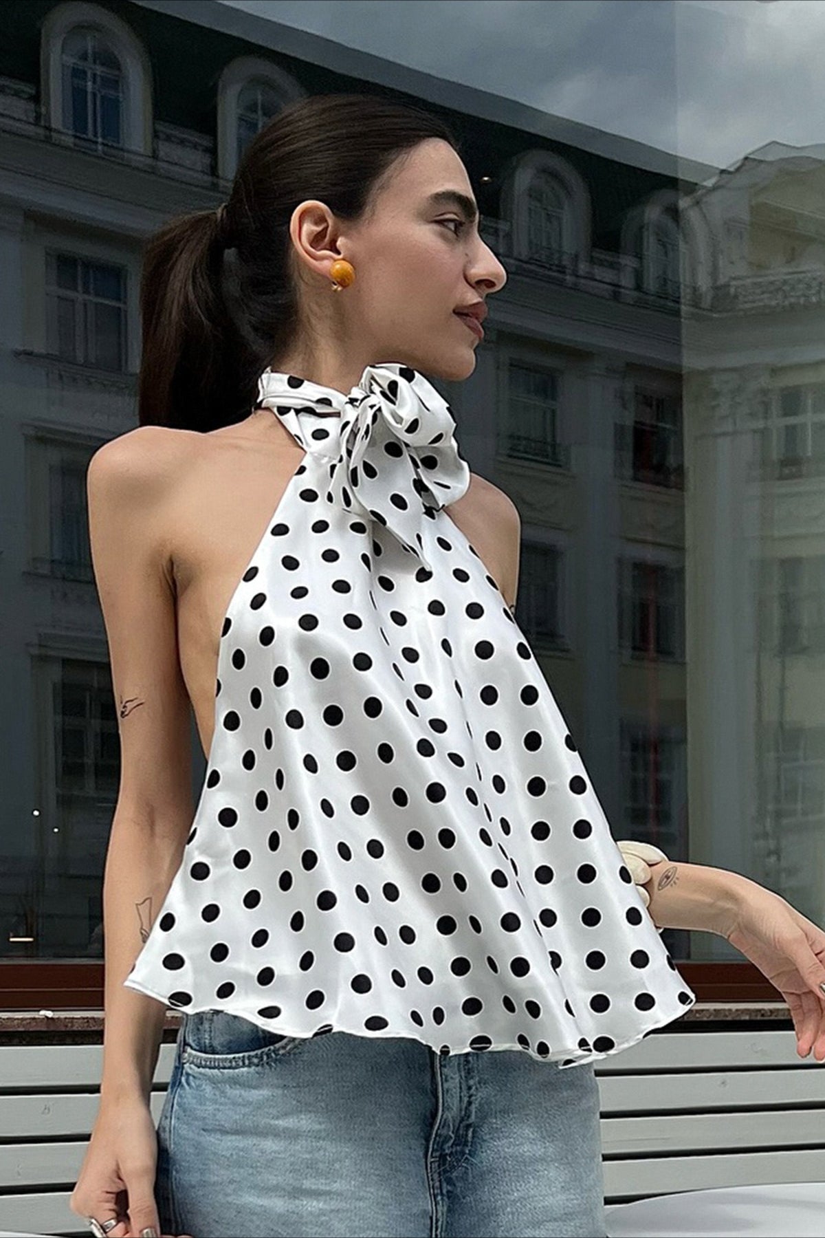 Polka Dot Satin Bow Tie Backless Cami Crop Top image 2