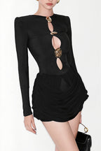 Slim Hollow Pleated Metal Trim Mini Dress image 3