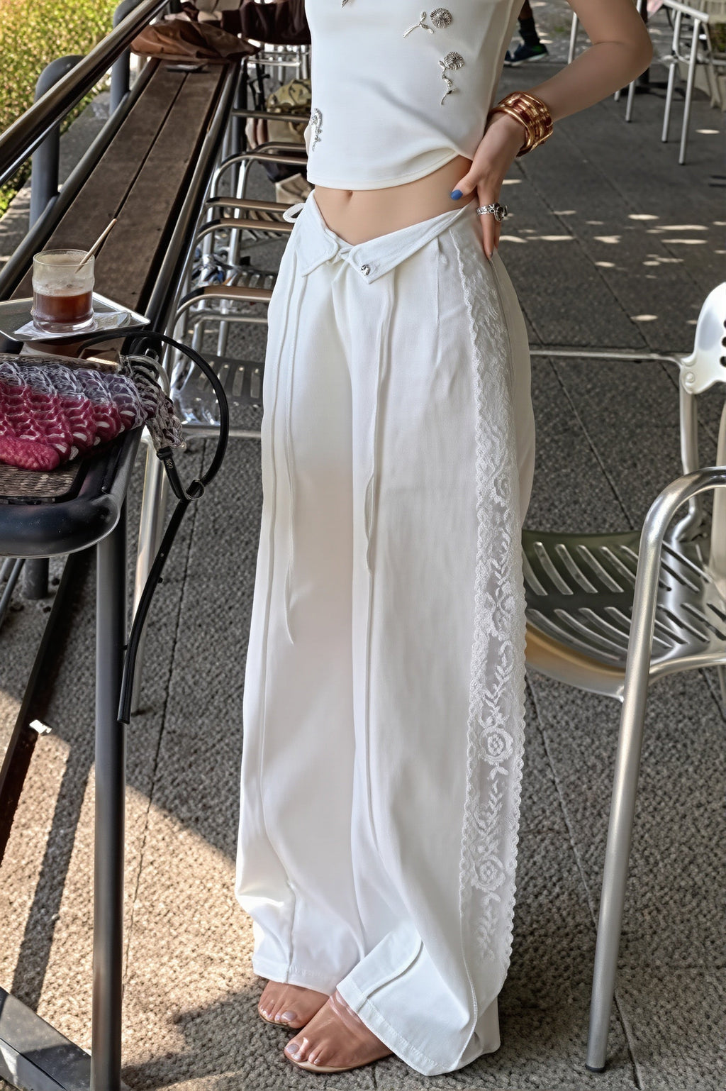 Linen Lace Splicing Straight Pants image 3
