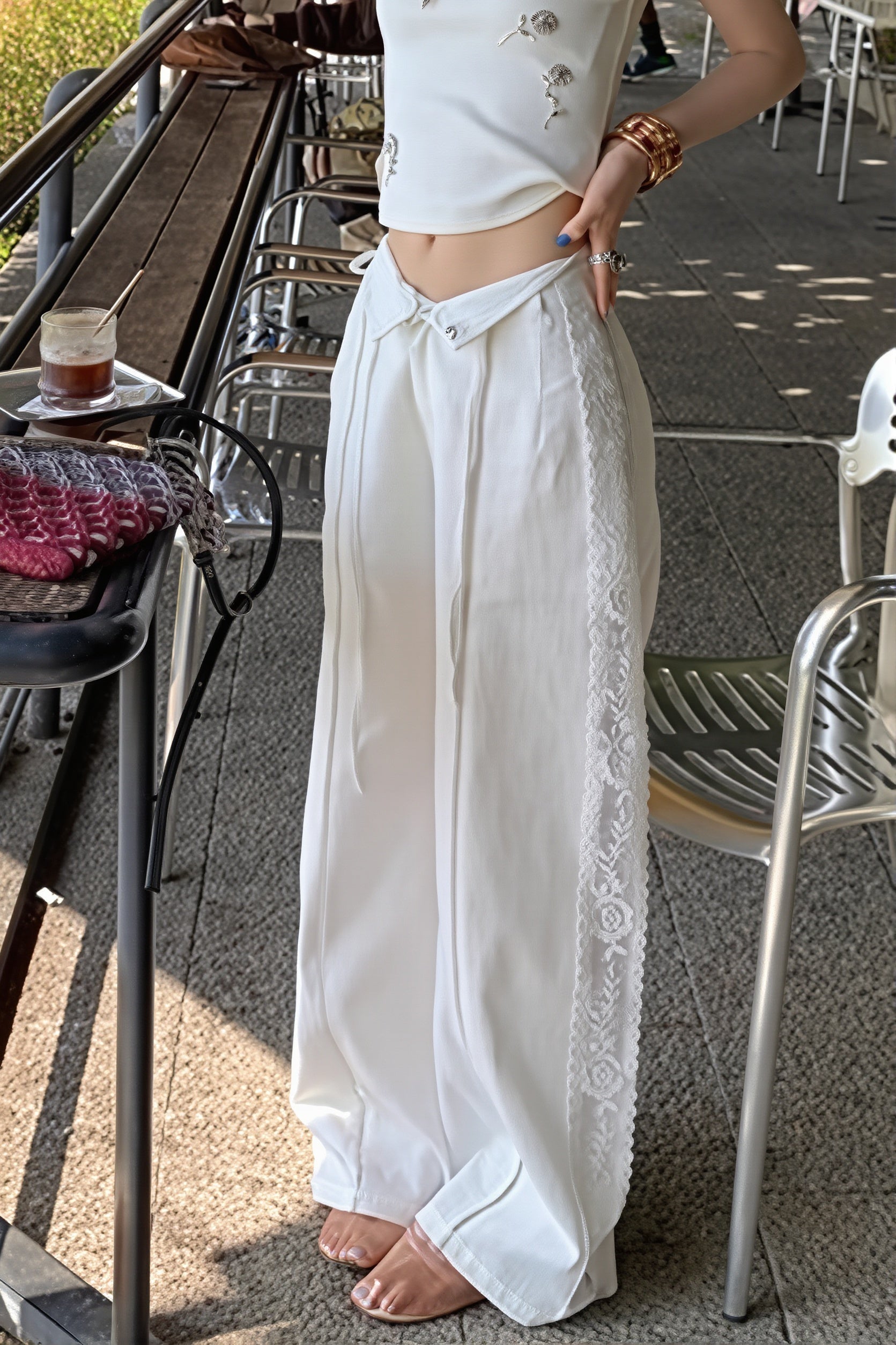Linen Lace Splicing Straight Pants image 3