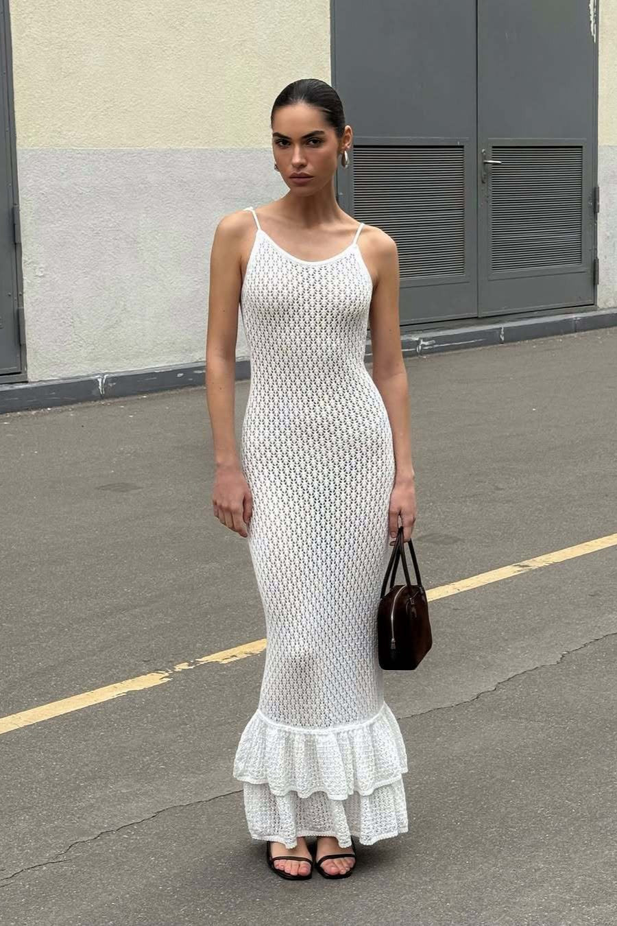 Boho Ruffle Knit Sexy Cutout Sheer Cami Maxi Dress image 8