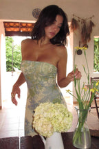 Oil Painting Print Strapless Bodycon Waist-Cinched Split Maxi Dress image 3