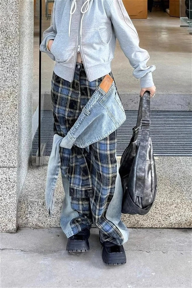 Plaid Patchwork High Waist Denim Pant image 1