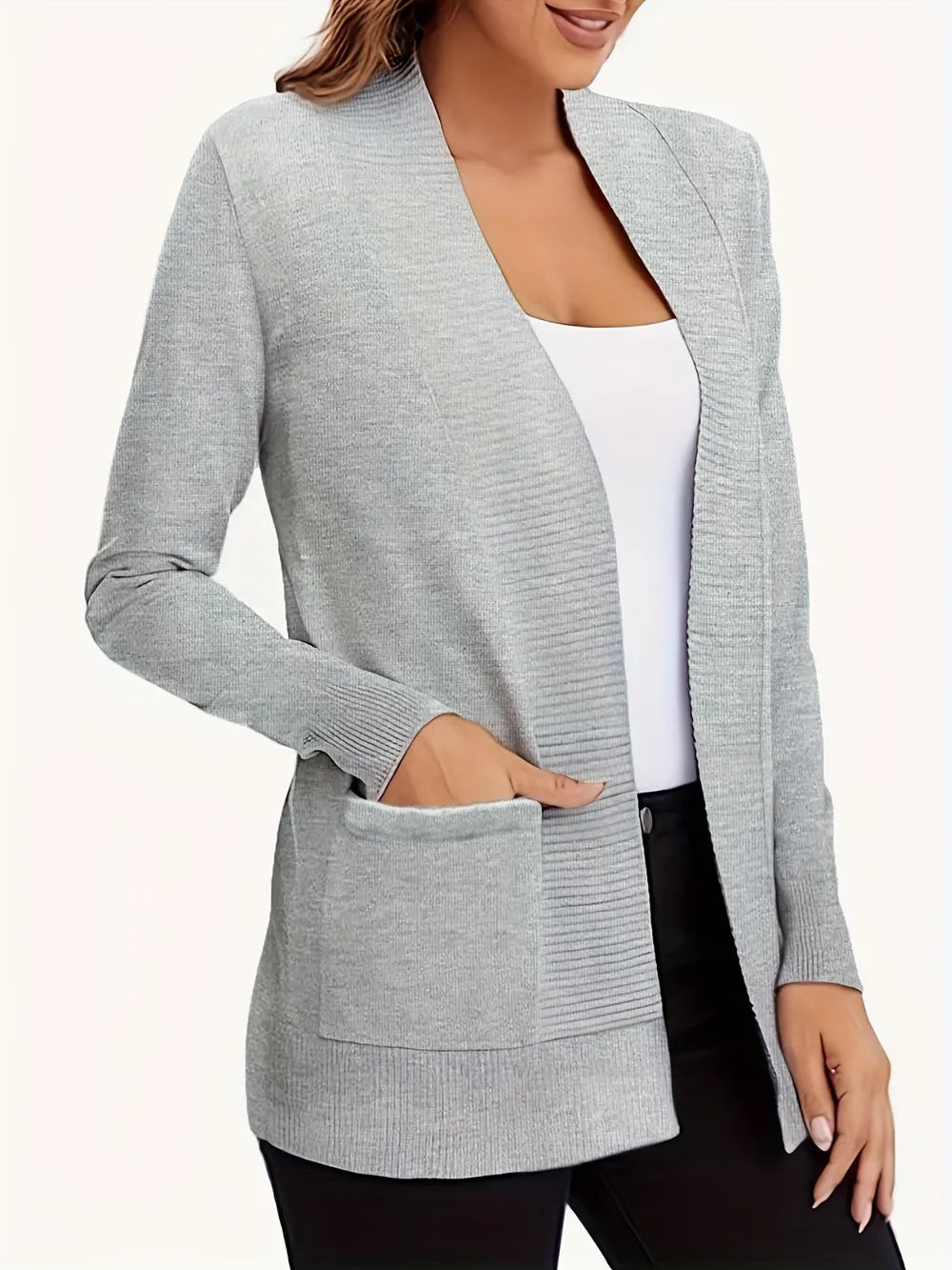 Anya Open Cardigan detail view styled for Avrienne