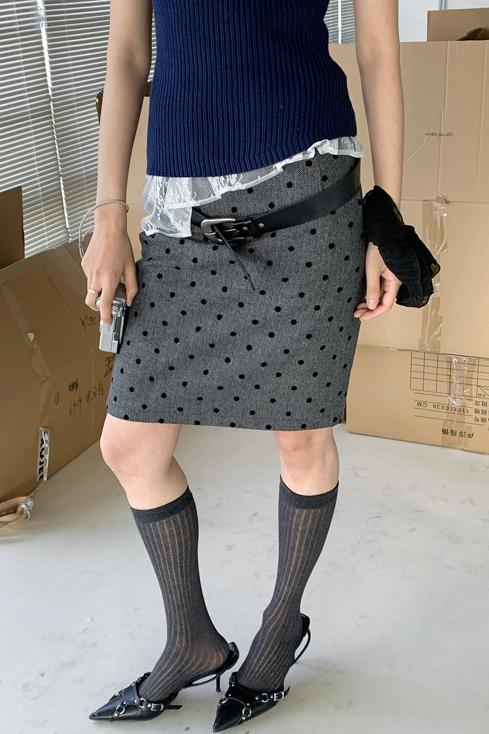 High Waist Flocked Polka Dot Bodycon Midi Skirt image 1