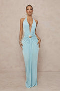 Deep V Halter Ruched Metal Trim Backless Maxi Dress image 1