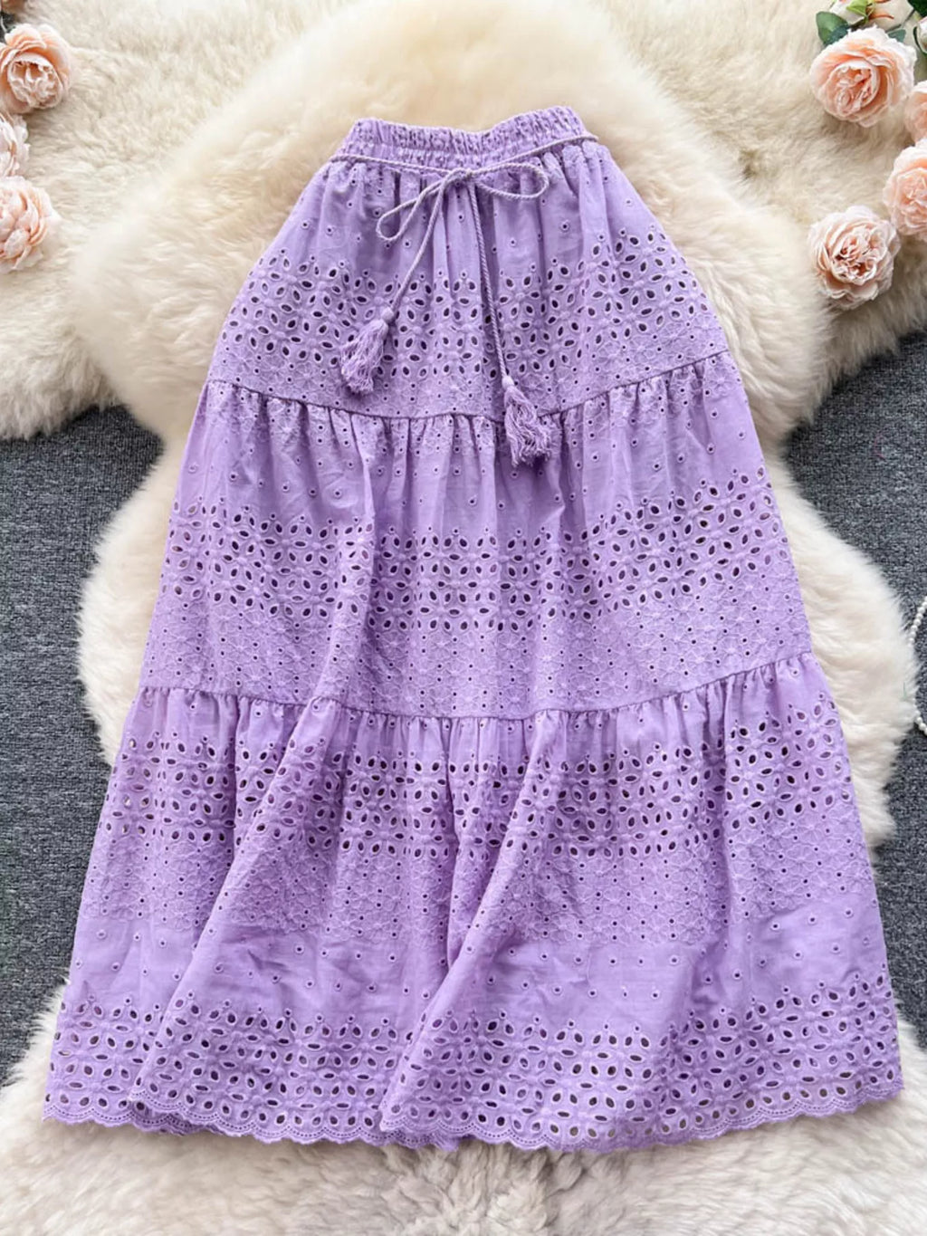 Soleil Eyelet Skirt detail view styled for Avrienne