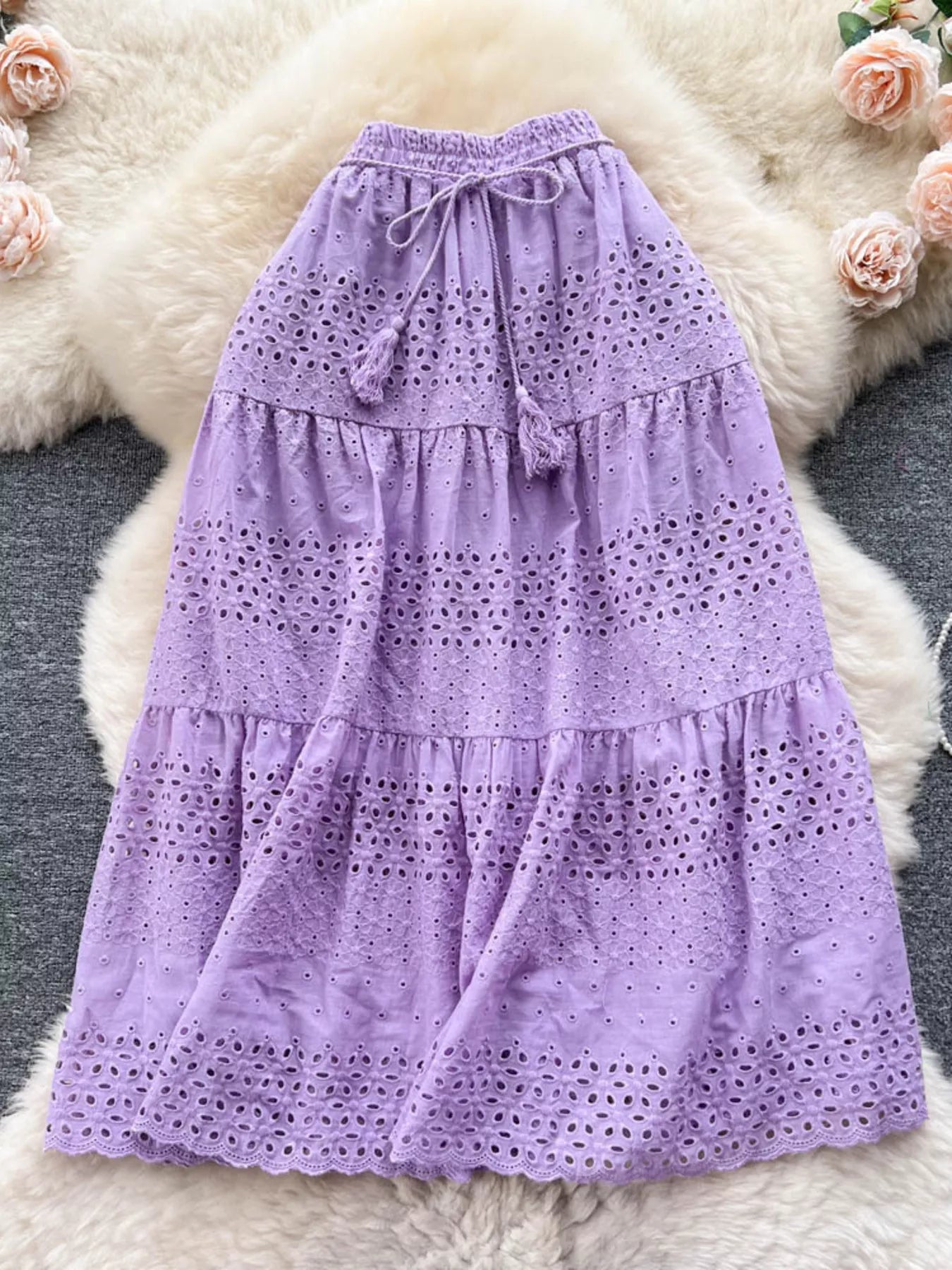Soleil Eyelet Skirt detail view styled for Avrienne