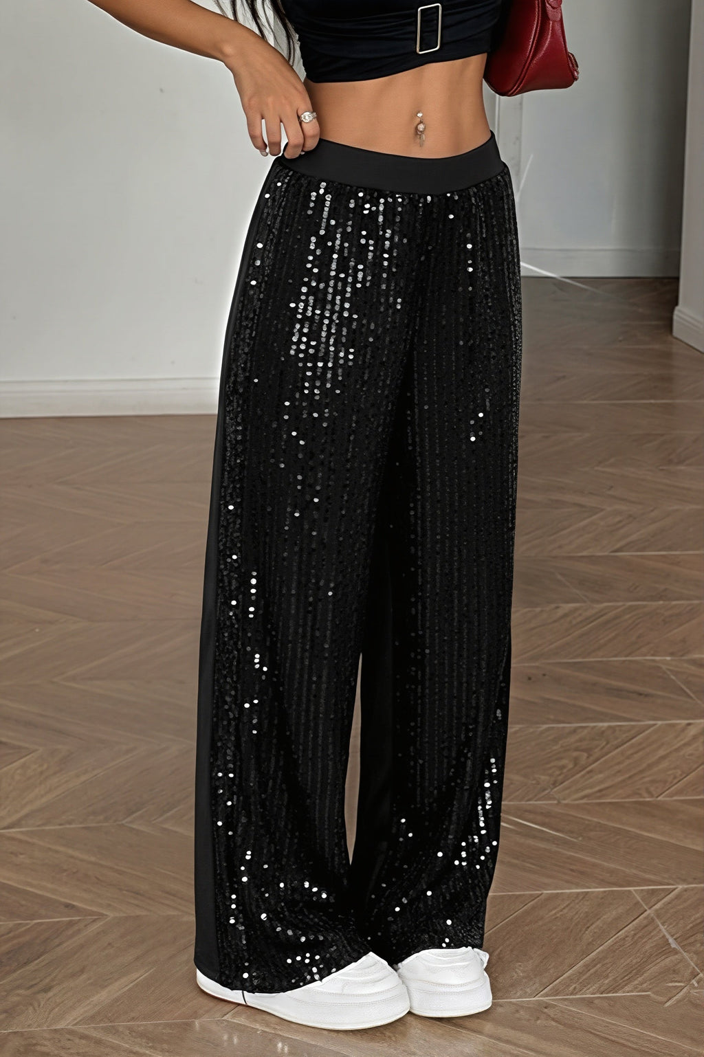 Sexy Sequin Patch Elastic Waist Straight Pants image 3