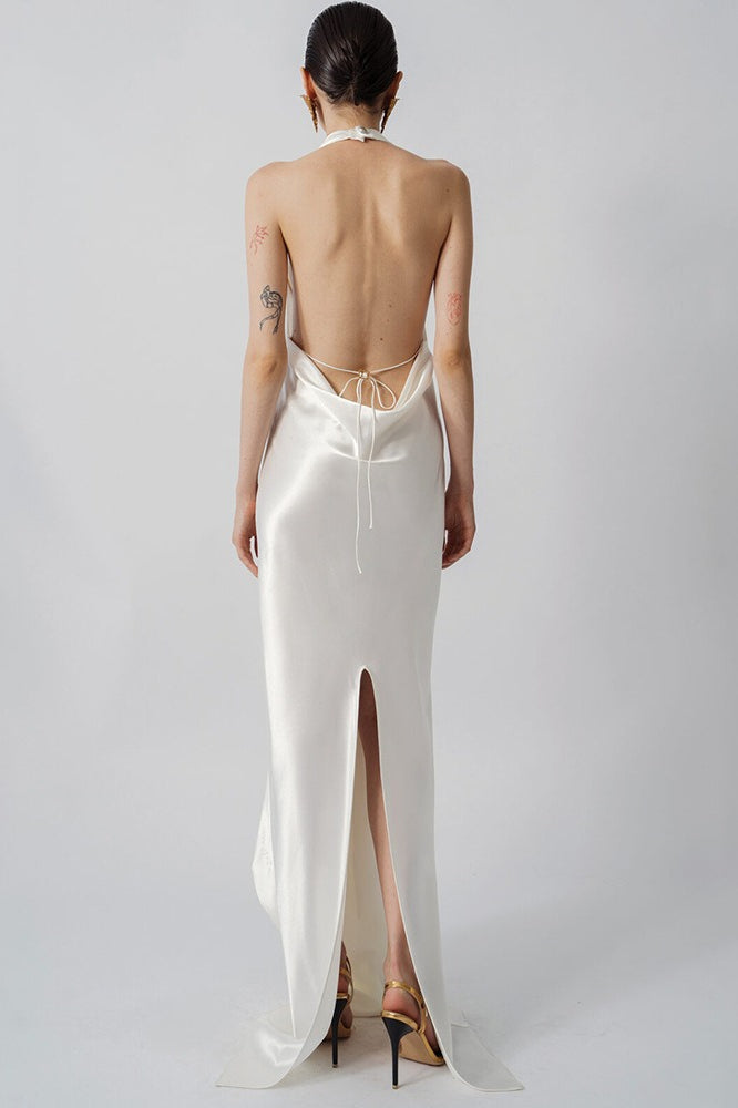 Elegant Draped Neck Backless Slit Long Prom Dress image 5