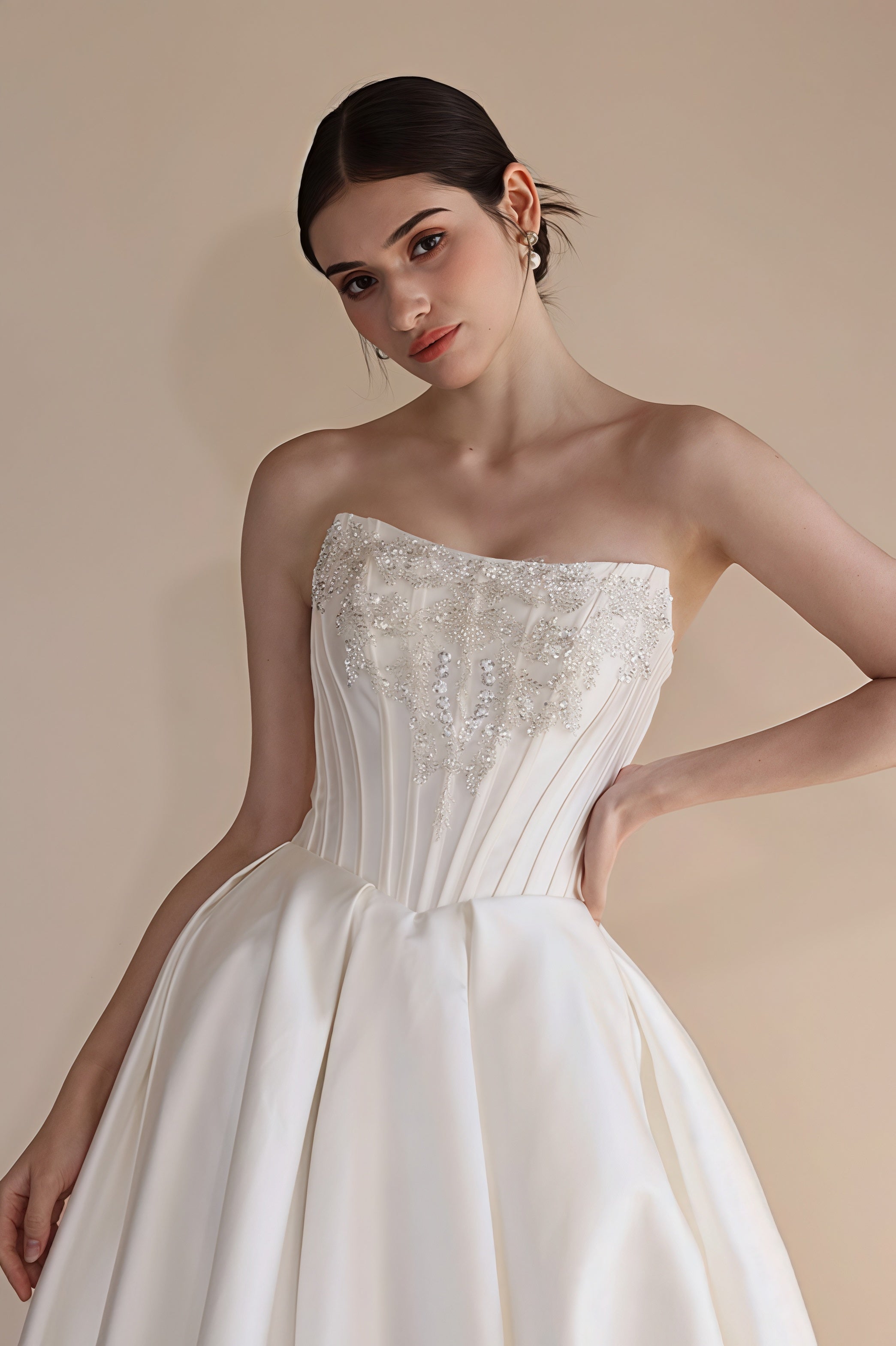 Strapless Boning Rhinestone Satin Wedding Dress image 1