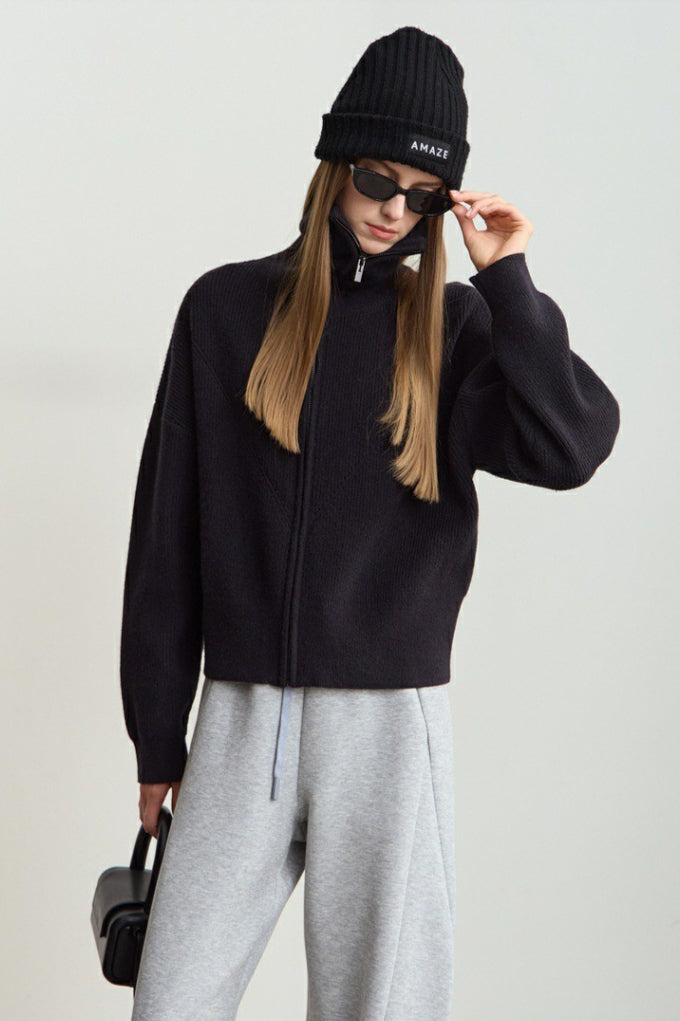 Naval-Collar Zip Lazy-Style Thick Knit Cardigan image 10