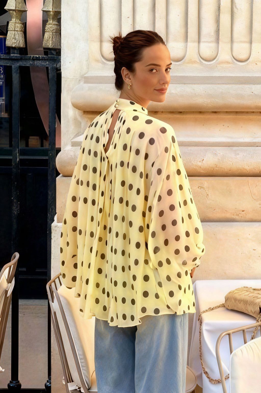 Polka Dot Tie Sheer Lantern Sleeve Blouse image 5