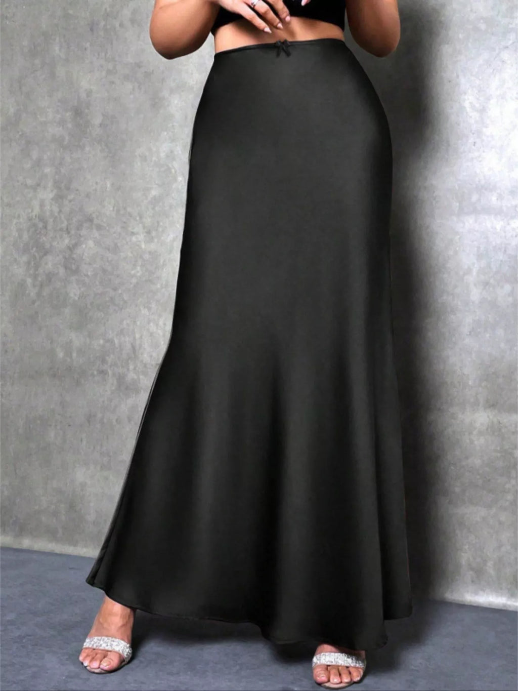Zinnia Satin Maxi Skirt detail view styled for Avrienne